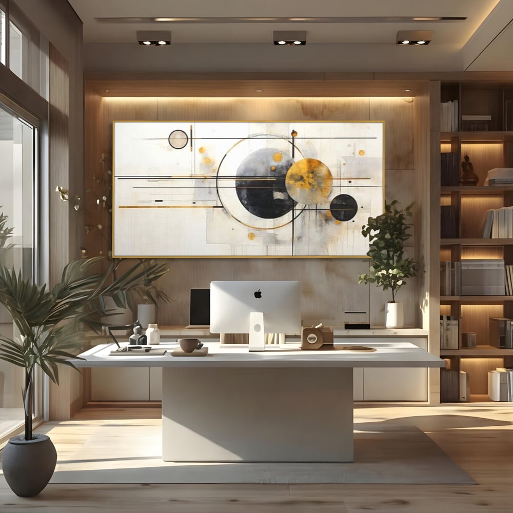 Tablou canvas cu pictura abstracta cu forme geometrice, in rama de aluminiu auriu, pe perete intr-un birou